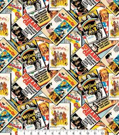 an old movie poster fabric with many different colors and sizes, including one for the back to