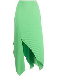 pleated asymmetric midi skirt from A.W.A.K.E. Mode featuring bright green, pleat detailing, asymmetric design, draped detailing, high-waisted and rear button fastening. | A.W.A.K.E. Mode Pleated Asymmetric Midi Skirt Modern Asymmetrical Hem Bottoms For Spring, Chic Asymmetrical Pleated Maxi Skirt, Pleated Asymmetrical Draped Skirt, Asymmetrical Hem Pleated Maxi Skirt For Spring, Spring Asymmetrical Hem Pleated Maxi Skirt, Modern Asymmetrical Skirt For Summer, Spring Pleated Asymmetrical Maxi Skirt, Spring Pleated Maxi Skirt With Asymmetrical Hem, Green Voluminous Maxi Skirt For Spring