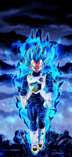 the blue gohan is standing in front of some clouds and water with his hands on his hips