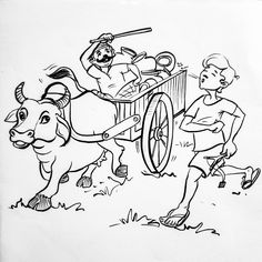 a black and white drawing of a man riding in a cart being pulled by a cow