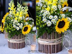 sunflowers and daisies are arranged in baskets