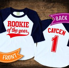 Custom Baseball Shirt, Sports Theme Birthday, First Birthday Shirt, Rookie Of The Year, First Birthday Shirts, Sports Birthday, Boys Tops, Sports Themed Party, Basketball Shirts