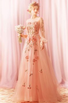 Floral Applique Long Sleeve Wedding Dress, Long Sleeve Embroidered Prom Dress, Long Sleeve Wedding Dress With Floral Applique, Pink Fitted Gown With Floral Embroidery, Fitted Pink Gown With Floral Embroidery, Long Sleeve Floral Applique Prom Dress, Long Sleeve Gown With Floral Embroidery For Banquets, Fitted Long Sleeve Gown With Floral Applique, Long Sleeve Wedding Dresses With Floral Embroidery