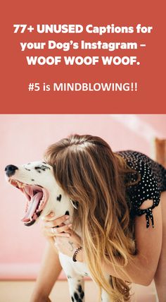 a woman is petting a dalmatian dog with her mouth open