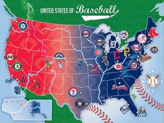 a map of the united states with all major league baseball emblems on it's side