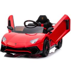 a red toy car is shown on a white background