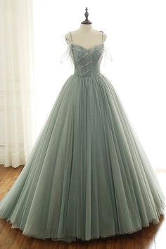 Romantic Tulle Long Ball Gown Prom Dress Green, Gown Neckline, Tulle Long Prom Dress, Beading Embroidery, Green Evening Dress, Tulle Balls, Green Tulle, Senior Prom Dresses, Prom Dresses Modest