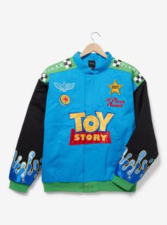 a blue jacket with toy story on the front, and an image of a cartoon character on