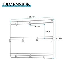 the size and width of a wall mounted shelf with hooks on each side, shown in white