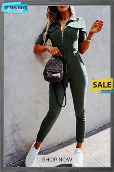 Supreme Pocketed Tie Jumpsuit Fitted Green Jumpsuit With Pockets, Fitted Khaki Jumpsuits And Rompers With Pockets, Fitted Khaki Jumpsuits And Rompers For Spring, Jumpsuit