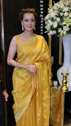 Shopzters | Shopzters Shows You How To Style Your Yellow Sarees!- Celeb Edition Yellow Sari, Indian Sari Dress, Sari Dress, Indian Saree Blouses Designs, Saree Blouse Patterns, Indian Fashion Saree, Yellow Saree, Indian Woman, Designer Saree Blouse Patterns