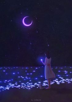 a woman standing in front of the moon and stars holding a cell phone with her hand