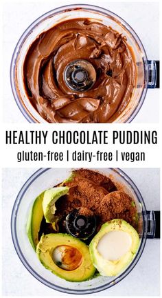 healthy chocolate pudding in a blender with ingredients to make it look like avocado