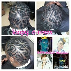 four pictures of different styles of braids on top of one another and below the caption, loopy crows