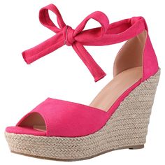 Looking for a stylish and versatile addition to your wardrobe? Look no further than these must-have wedges! With their ankle tie-up and espadrille platform heel, these sandals are perfect for adding both comfort and style to your everyday look. And, with their open-toe design, they're the perfect choice for showing off your pedicure. Made from high-quality materials, these wedges feature a faux suede vamp, TPR outsole, and a 4.7-inch heel with a 1.4-inch platform. So why wait? Check out the size Pink Ankle Tie Heels For Summer, Summer Pink Ankle Tie Heels, Adjustable High Heel Espadrilles For Summer, Pink Espadrille Wedge Sandals For Summer, Summer Pink Espadrille Wedge Sandals, Summer Vacation Espadrille Lace-up Sandals, Summer Beach Ankle Tie Espadrilles, Casual Summer Espadrilles With Ankle Tie, Casual Ankle Tie Espadrilles For Summer