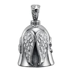 a silver bell with angel wings on it