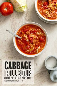 two bowls of cabbage soup on a table