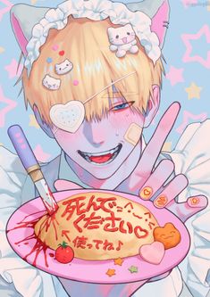 an anime character holding a plate with cake on it and the words hello kitty written in japanese