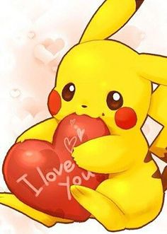 a pikachu holding a heart with the word i love you written on it