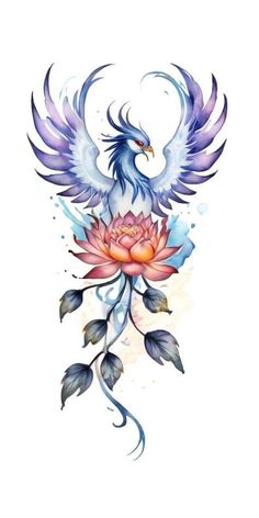 a bird with wings and flowers on it's body is shown in this tattoo design