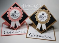 three congratulations cards with ribbons and badges on the front, one is for graduate grad