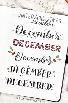 Winter Christmas headers lettering by @planwithady Birthday Calligraphy, Bullet Journal Titles, Bullet Journal Headers, Title Ideas, Bullet Journal Banner, Journal Fonts, Bullet Journal Notes