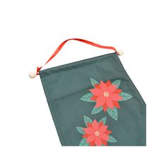 a green bag with red flowers on it