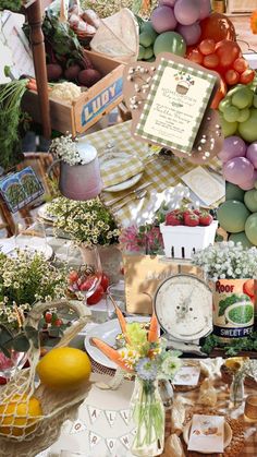 an assortment of fruits and vegetables are displayed on a table with plates, napkins, and other items