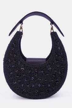 Black moon shaped crossbody bag adorned with intricate hand-sewn black crystals and beads. Comes with small detachable strap and long detachable strap. - Aza Fashions Luxury Black Beaded Evening Bag, Luxury Beaded Shoulder Bag For Events, Beaded Top Handle Evening Bag, Embellished Black Clutch Bag, Black Embellished Clutch Bag, Black Embellished Top Handle Bag, Luxury Handheld Beaded Shoulder Bag, Embellished Black Evening Shoulder Bag, Beaded Top Handle Evening Shoulder Bag