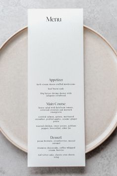 a plate with a menu on top of it