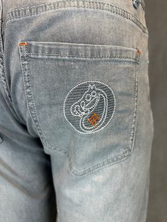 "Vintage NicelyFaded Light Grey Denim Jeans - H Brand With An Embroidered Horse On the Back Pocket - Unisex 32-34 \"H\" Brand - Unisex 32-34 Waist" Casual Denim Bottoms With Embroidered Patch, Balmain Bag, Embroidered Horse, Grey Denim Jeans, Denim Pocket, Edgy Wallpaper, Grey Denim, Jeans Denim, Denim Jeans