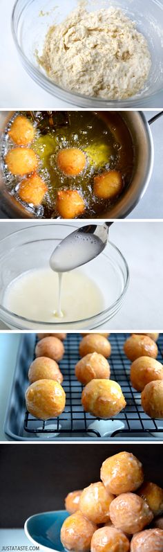 there are four different pictures of doughnuts being made in the same pan and then baked