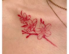 Red Ink Cherry Blossom Tattoo, Red Sakura Tattoo, Red Asian Tattoo, Women Red Tattoo, Sakura Tattoo Ideas, Red Tattoo Flower, Red Tattoo On Black Women, Red Sakura Flower, Red Flowers Tattoo