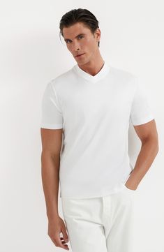 Fine natural cotton fiber enriches the soft jersey, a lightweight fabric with a soft, fluid hand. Crew-neck Regular fit Modern White V-neck Top, White Stretch Modern T-shirt, Anniversary Sale, Brunello Cucinelli, Jersey T Shirt, Lightweight Fabric, Natural Cotton, Cotton Fiber, Nordstrom