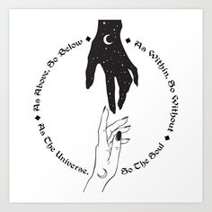 two hands reaching towards each other in front of a circle with the moon and stars above it