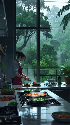 a woman in an apron preparing food on top of a kitchen counter next to a window