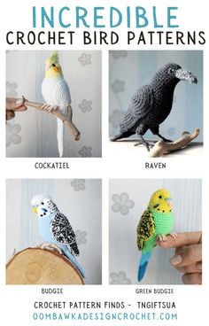 the instructions for crochet bird patterns are shown in four different styles and sizes