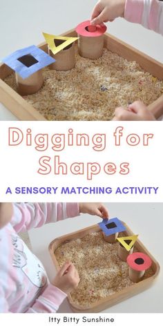 two pictures with the words digging for shapes on them and an image of a child playing in