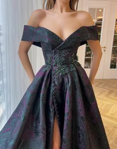 Purple And Green Prom Dress, Dark Purple Gown Elegant, Brocade Fabric Dresses, Dark Purple Wedding Dress, Dark Fantasy Dress, Dark Fantasy Gown, Teuta Matoshi Gown, Purple And Green Dress, Dark Purple Gown