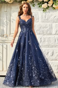 Blue Gold Prom Dress, Prom Dresses For Thick Body Types Long, Navy Blue Sparkly Quince Dress, Star Prom Dress Night Skies, Navy Blue Prom Dresses Long Flowy, Dark Colored Prom Dresses, Navy Blue Dresses Formal, Navy Blue Fancy Dress, Navy Blue Formal Dress Long