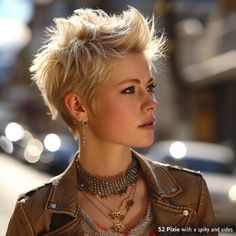 Short Blonde Edgy Hair, 70s Feathered Hair Short, Singer Pink Hairstyles, Funky Pixie Cut Fine Hair, Short Spiked Hair For Women Over 50, Fauxhawk For Women, Punk Hair Women, Short Rocker Hair