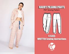 a woman in pajamas and pants with the text harry pajama pants sewing pattern