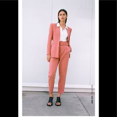 Zara Lapelles Blazer Pink Color Simply Beautiful Chic Business Casual Pantsuit For Fall, Elegant Spring Blazer For Workwear, Elegant Spring Blazer For Work, Spring Semi-formal Single Breasted Pantsuit, Feminine Semi-formal Spring Blazer, Chic Structured Blazer For Spring, Spring Business Casual Pantsuit With Suit Collar, Chic Tailored Pantsuit With Lapel Collar, Business Casual Pantsuit With Suit Collar For Spring