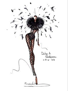 a drawing of a woman in fishnet clothing with feathers on her head and legs