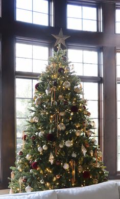 a living room with a couch and a christmas tree in front of two large windows