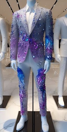 the mannequins are dressed in purple and blue outfits with sequins on them