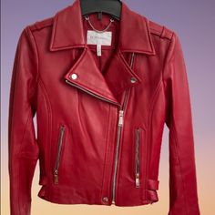 Like New Without Tags. Excellent Condition. Super Comfortable. Red Moto Biker Jacket For Spring, Chic Red Leather Jacket With Zipper Closure, Chic Red Fitted Biker Jacket, Red Leather Moto Jacket, Leather Moto, Leather Moto Jacket, Moto Jacket, Leather Jackets, Red Leather