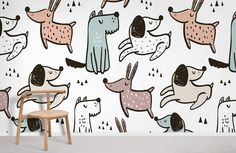 an animal wallpaper with dogs in different colors and sizes on the wall next to a wooden chair