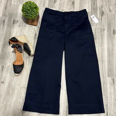 Wide Leg Chino Pants By Ralph Lauren Color Navy Blue Cut In A Wide-Leg, Cropped Silhouette, Lightweight Stretch-Cotton Twill Waist From Side To Side 16” Rise12” Leg 23.5”(Inseam) Hips 19.5” Workwear Ankle-length Cotton Capris, Non-stretch Blue Capris With Pockets, Cotton Cropped Leg Capris For Work, Cotton Workwear Capris With Cropped Legs, High-waist Cotton Capris For Work, High Waist Cotton Capris For Work, Stretch Wide Leg Capris For Work, Cotton Workwear Capris, Navy Straight Leg Bottoms For Summer