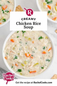 three bowls of creamy chicken rice soup with crackers on the side and text overlay